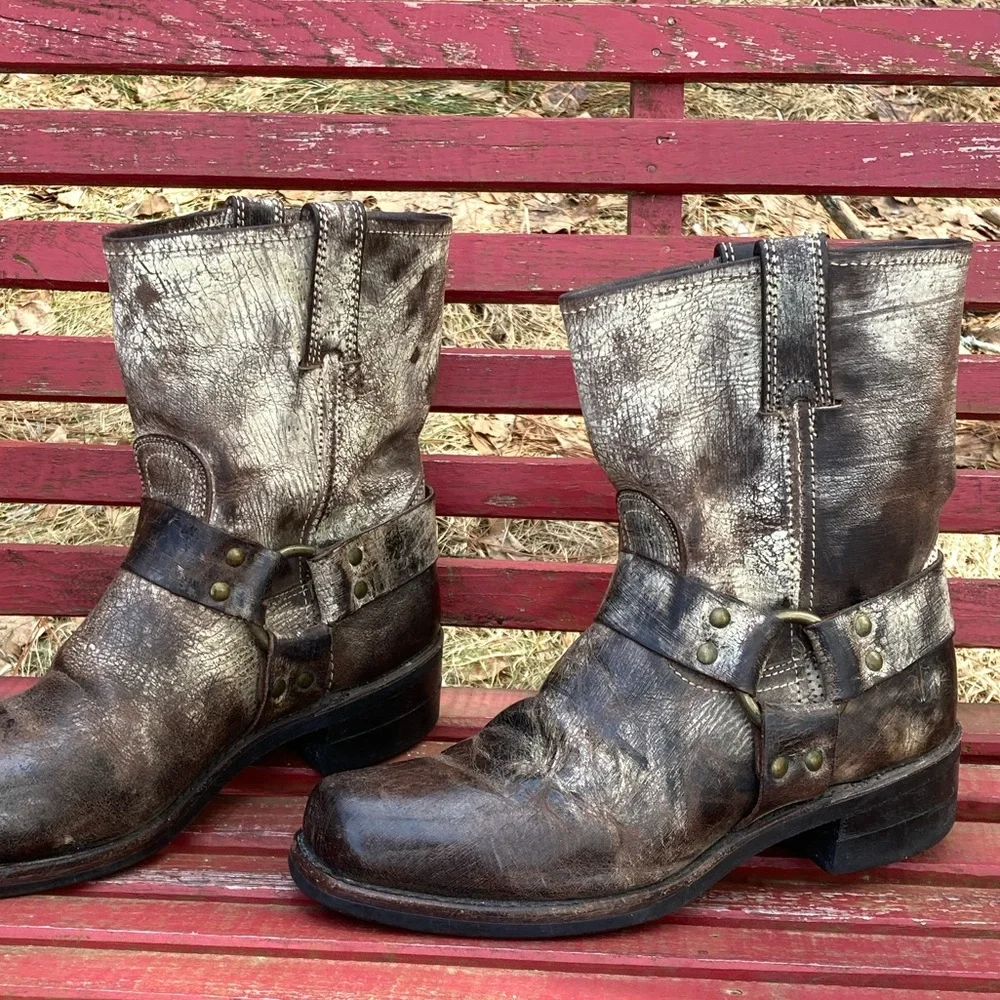 Rare FRYE 8” Harness Square Toe Vintage Leather Brown Size 9.5 - Picture 7 of 12